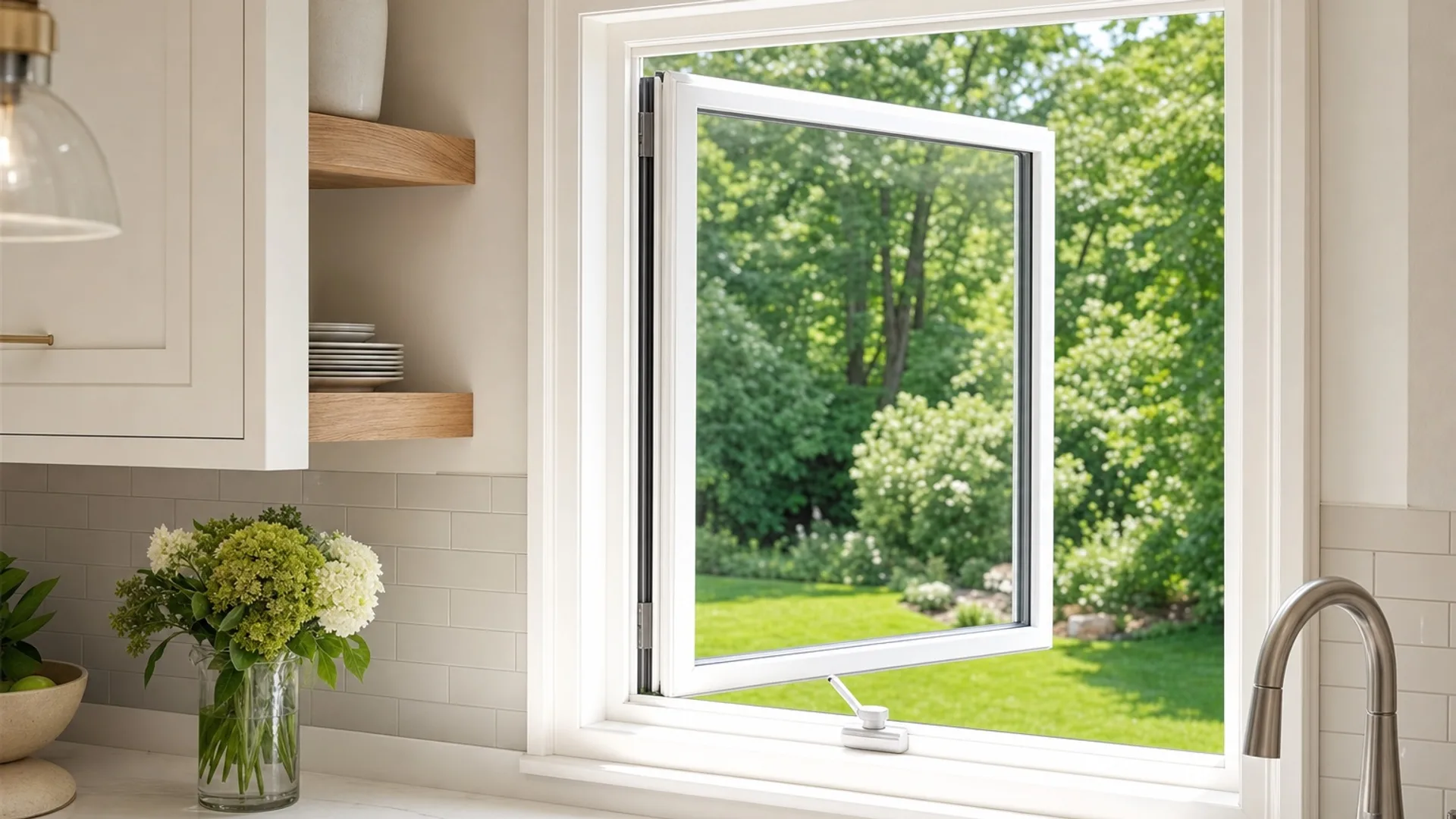 A casement window cranked open on a St. Louis home