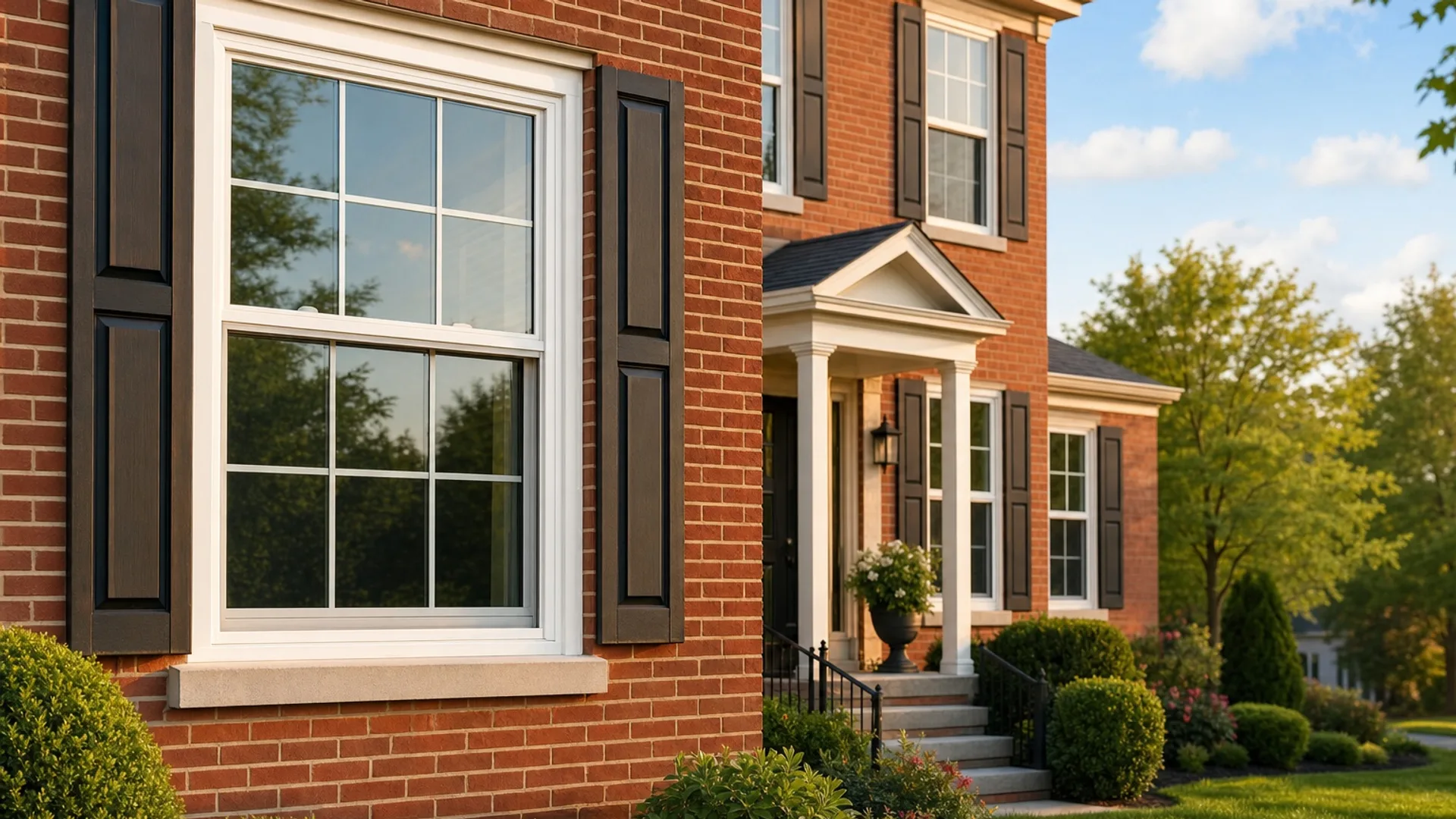 White double-hung replacement windows on a brick home