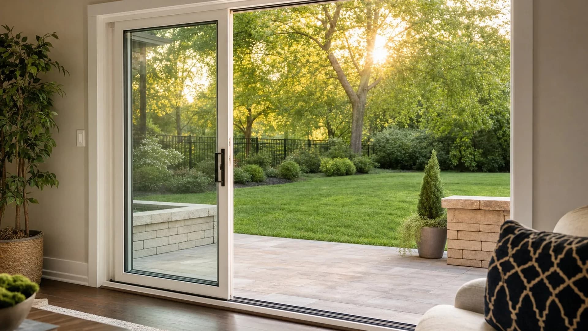 A new sliding patio door opening onto a backyard