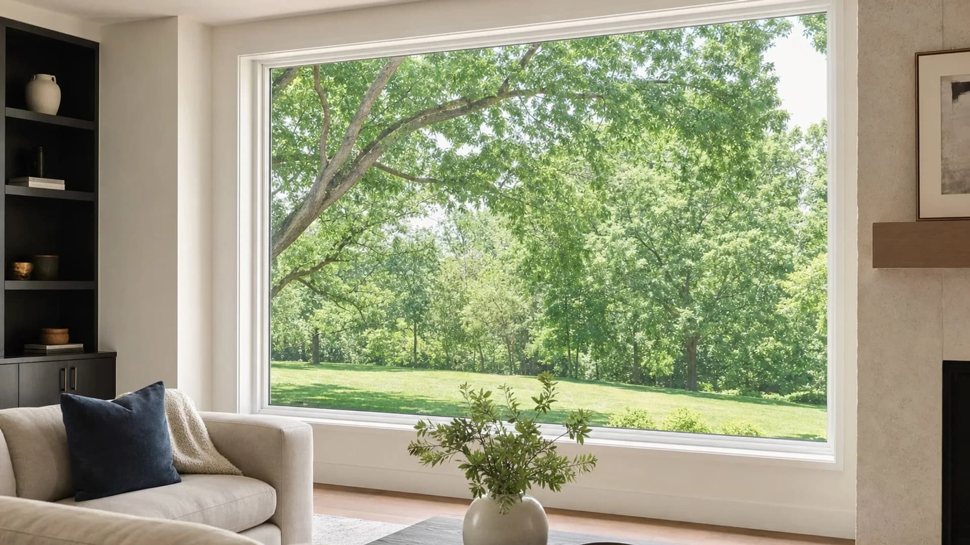 A wide picture window framing a leafy green view