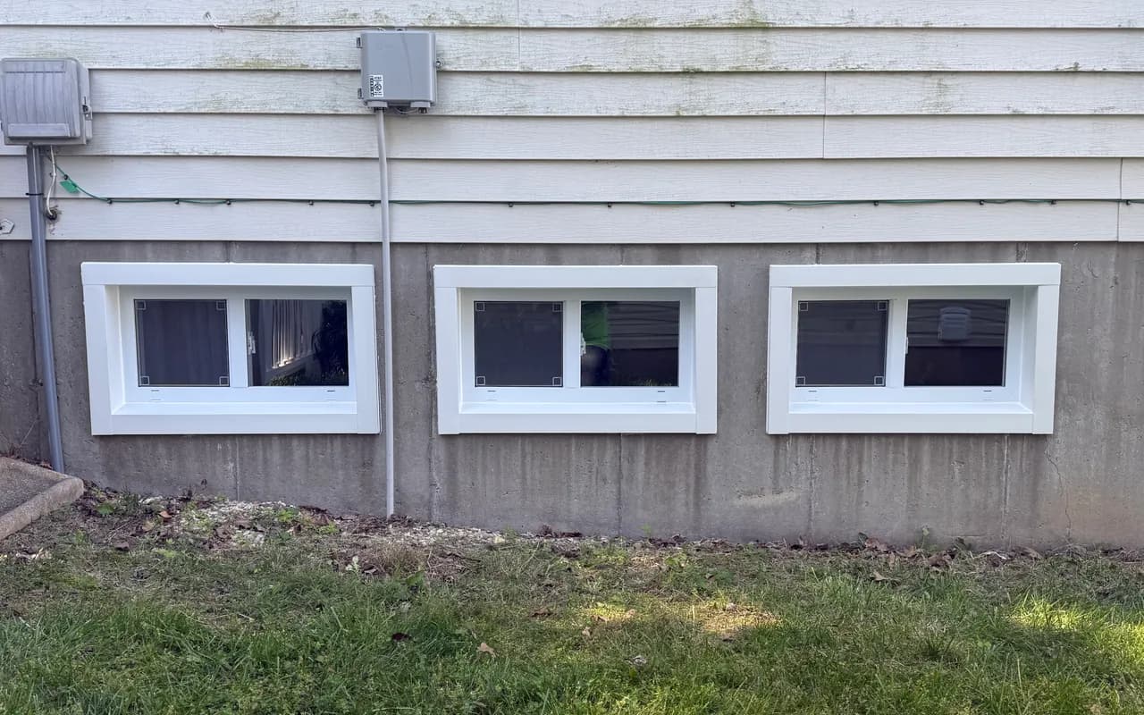 Three new white basement hopper windows installed in a foundation wall