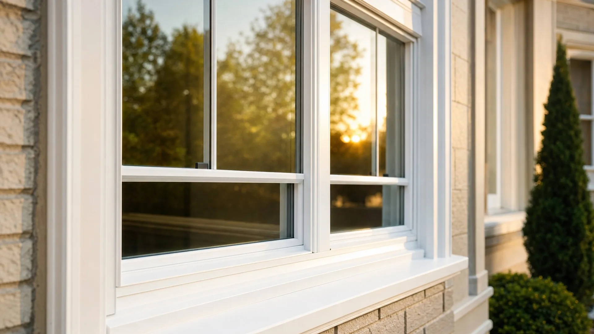 Close view of new vinyl windows on a home