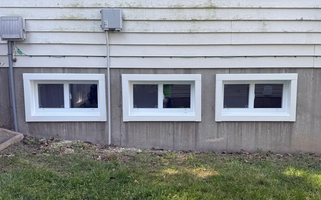 Three new white basement hopper windows installed in a foundation wall